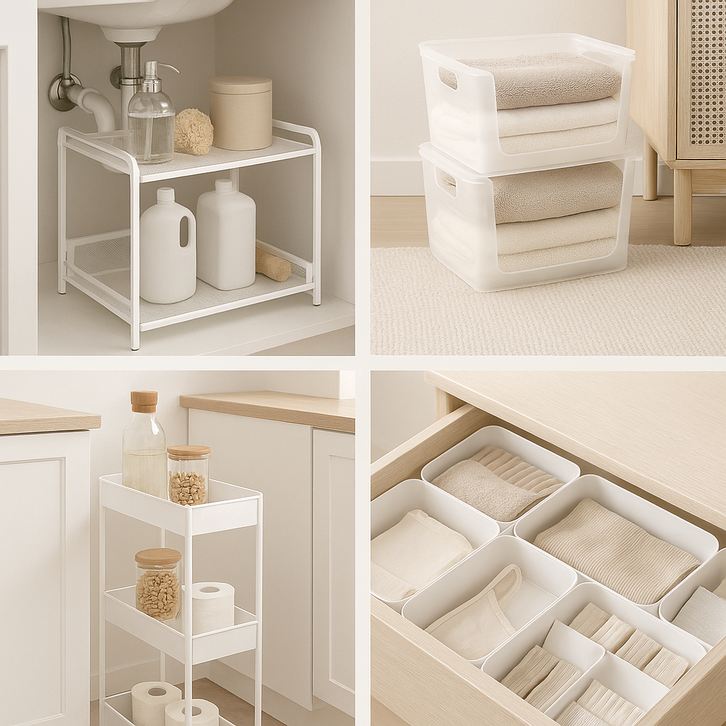 Tiny kitchen organization ideas with under-sink shelf, stackable storage bins, rolling cart, and drawer dividers