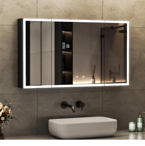 Black Metal Bathroom Cabinet with Dimmable, Anti-Fog, Plug and Adjustable Glass Shelf